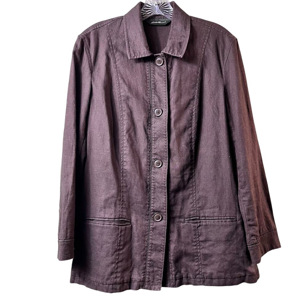 Eddie Bauer  Button Front Linen Jacket Blouse Brown‎ EUC Lagenlook L (2932)
